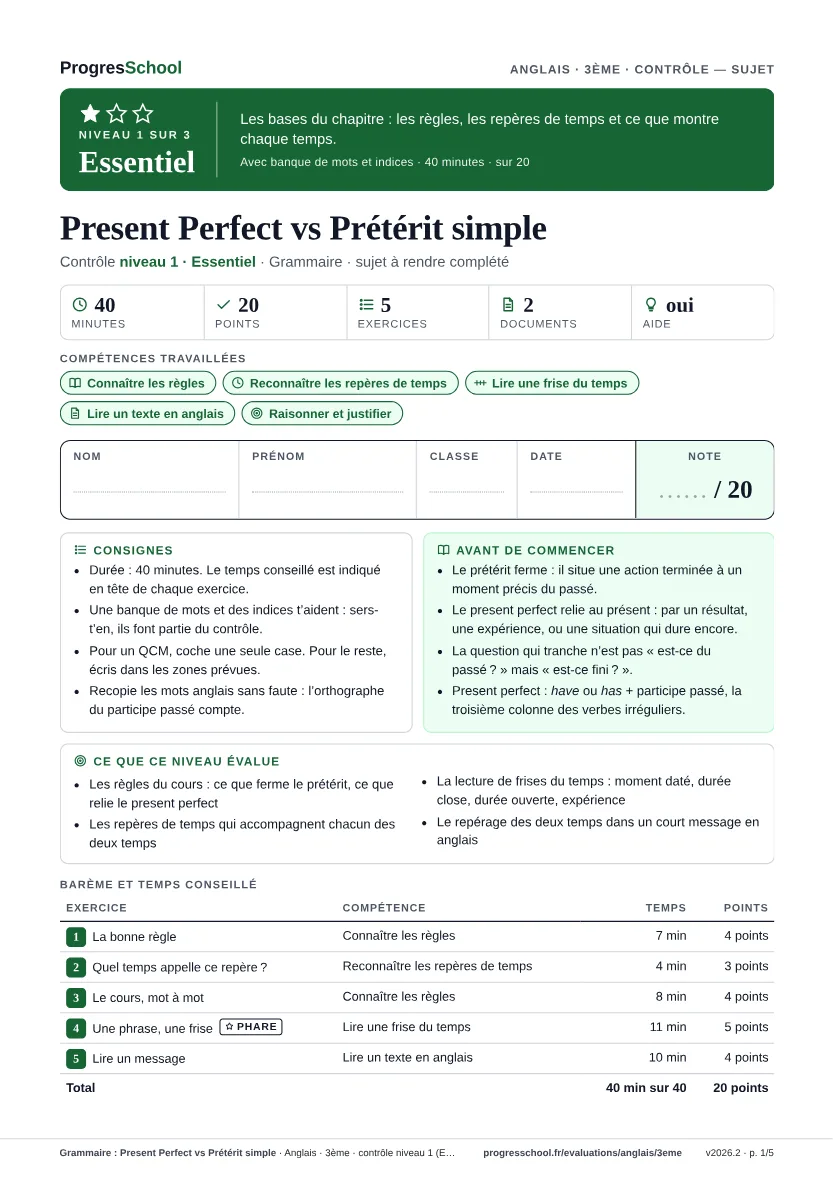 Première page du sujet : Grammaire : Present Perfect vs Prétérit simple, contrôle Essentiel