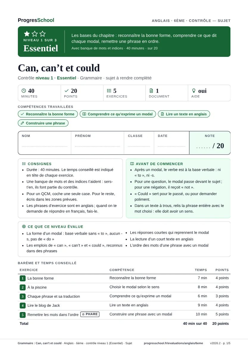 Première page du sujet : Grammaire : Can, can't et could, contrôle Essentiel