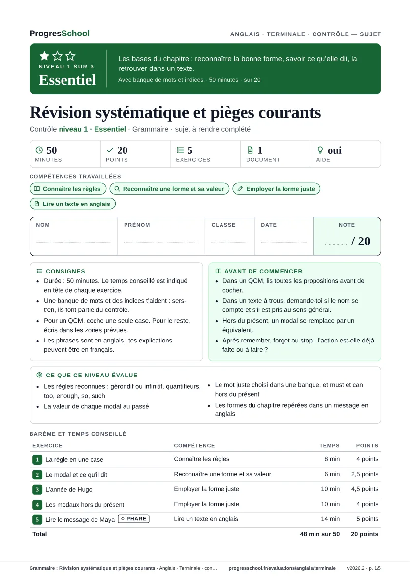 Première page du sujet : Grammaire : Révision systématique et pièges courants, contrôle Essentiel