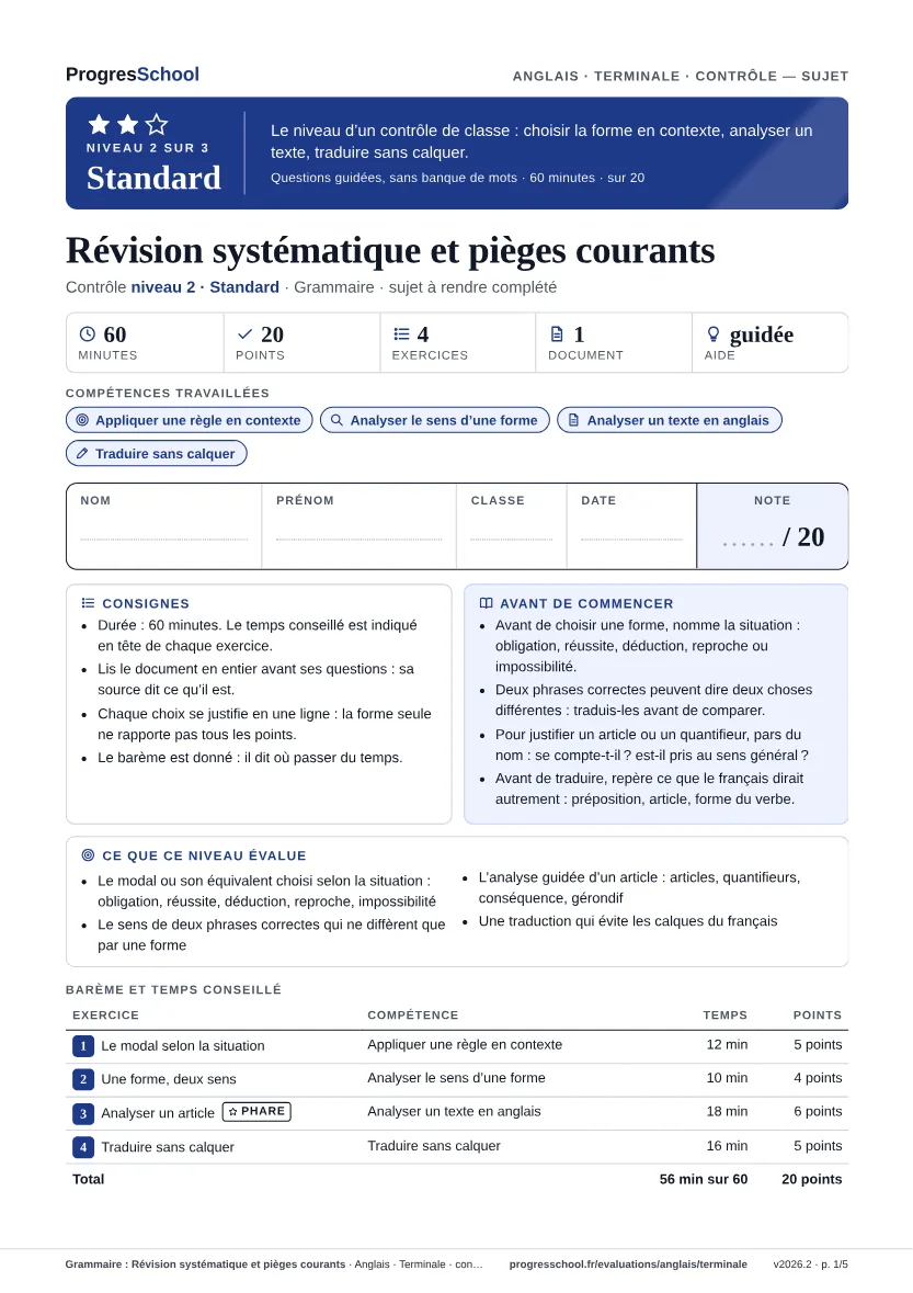 Première page du sujet : Grammaire : Révision systématique et pièges courants, contrôle Standard