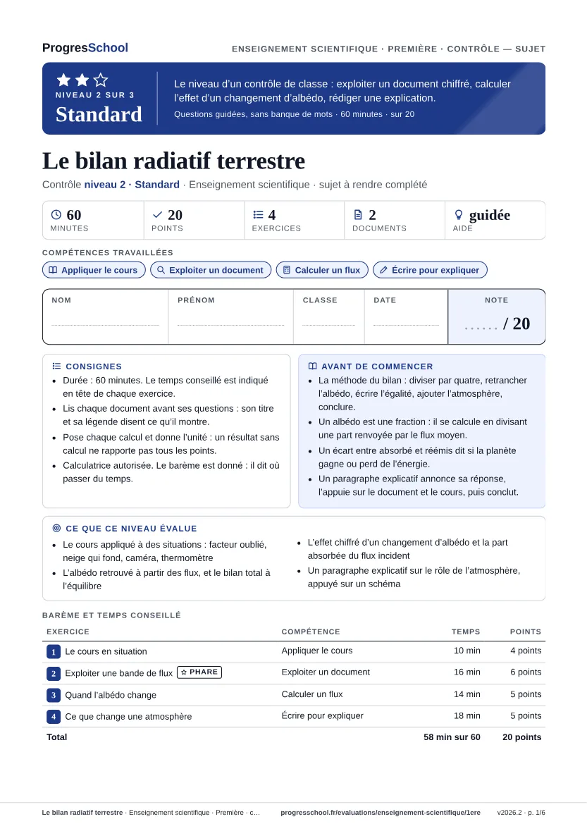 Première page du sujet : Le bilan radiatif terrestre, contrôle Standard