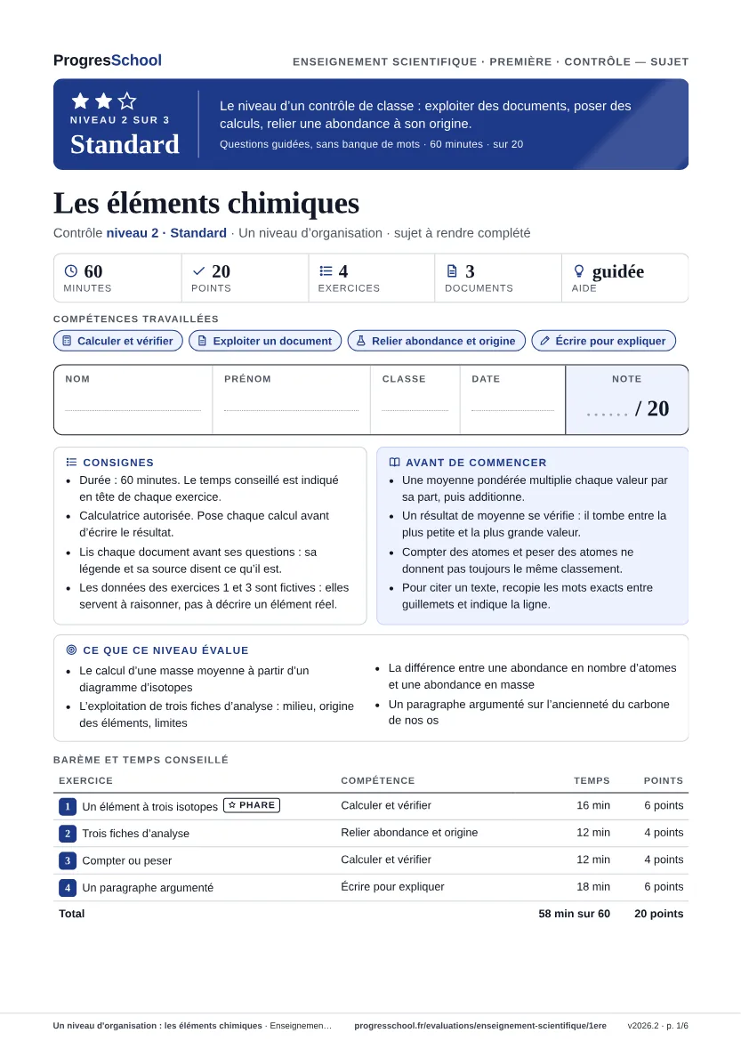 Première page du sujet : Un niveau d'organisation : les éléments chimiques, contrôle Standard