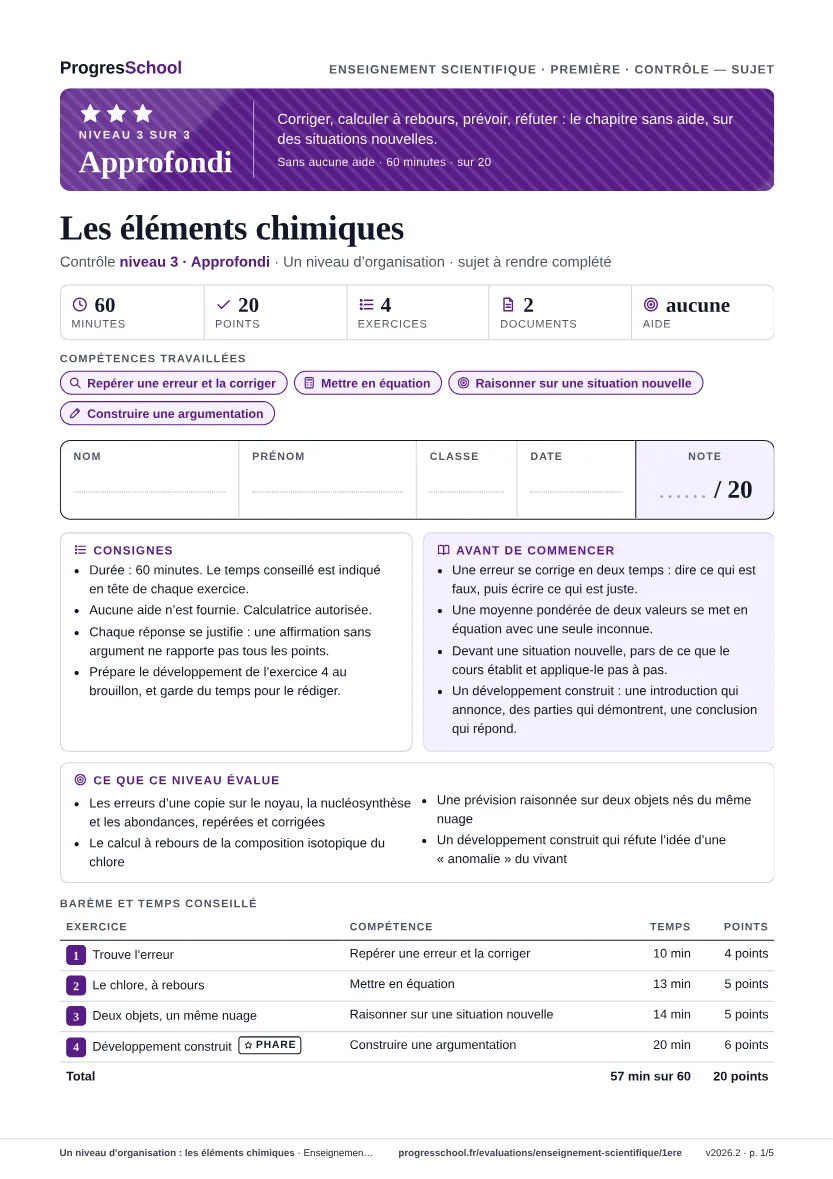Première page du sujet : Un niveau d'organisation : les éléments chimiques, contrôle Approfondi