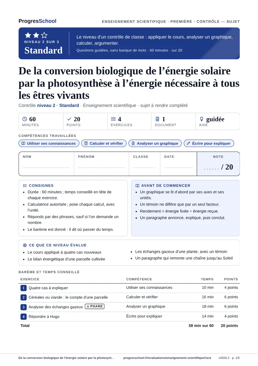 Première page du sujet : De la conversion biologique de l'énergie solaire par la photosynthèse à l'énergie nécessaire à tous les êtres vivants, contrôle Standard
