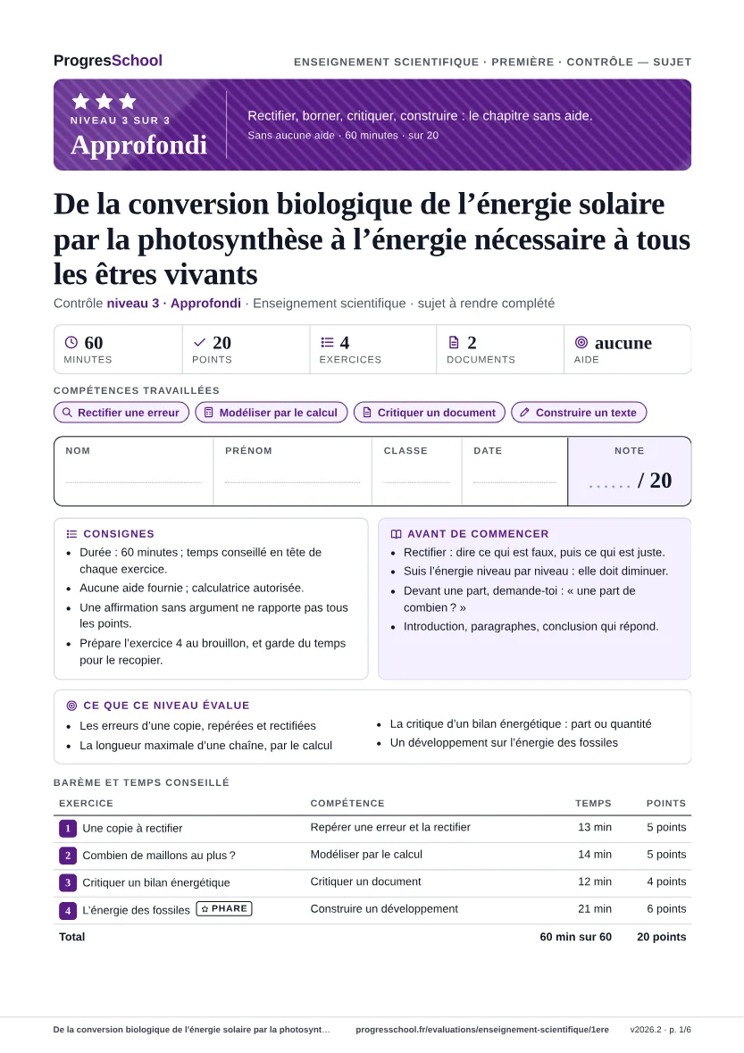 Première page du sujet : De la conversion biologique de l'énergie solaire par la photosynthèse à l'énergie nécessaire à tous les êtres vivants, contrôle Approfondi