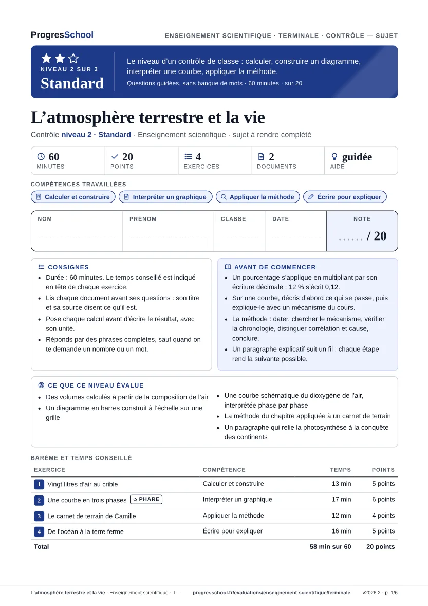 Première page du sujet : L'atmosphère terrestre et la vie, contrôle Standard