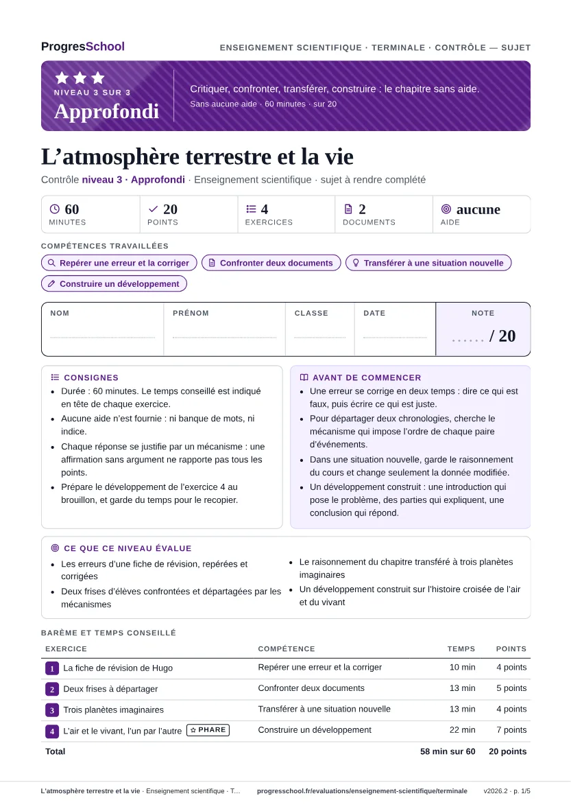 Première page du sujet : L'atmosphère terrestre et la vie, contrôle Approfondi