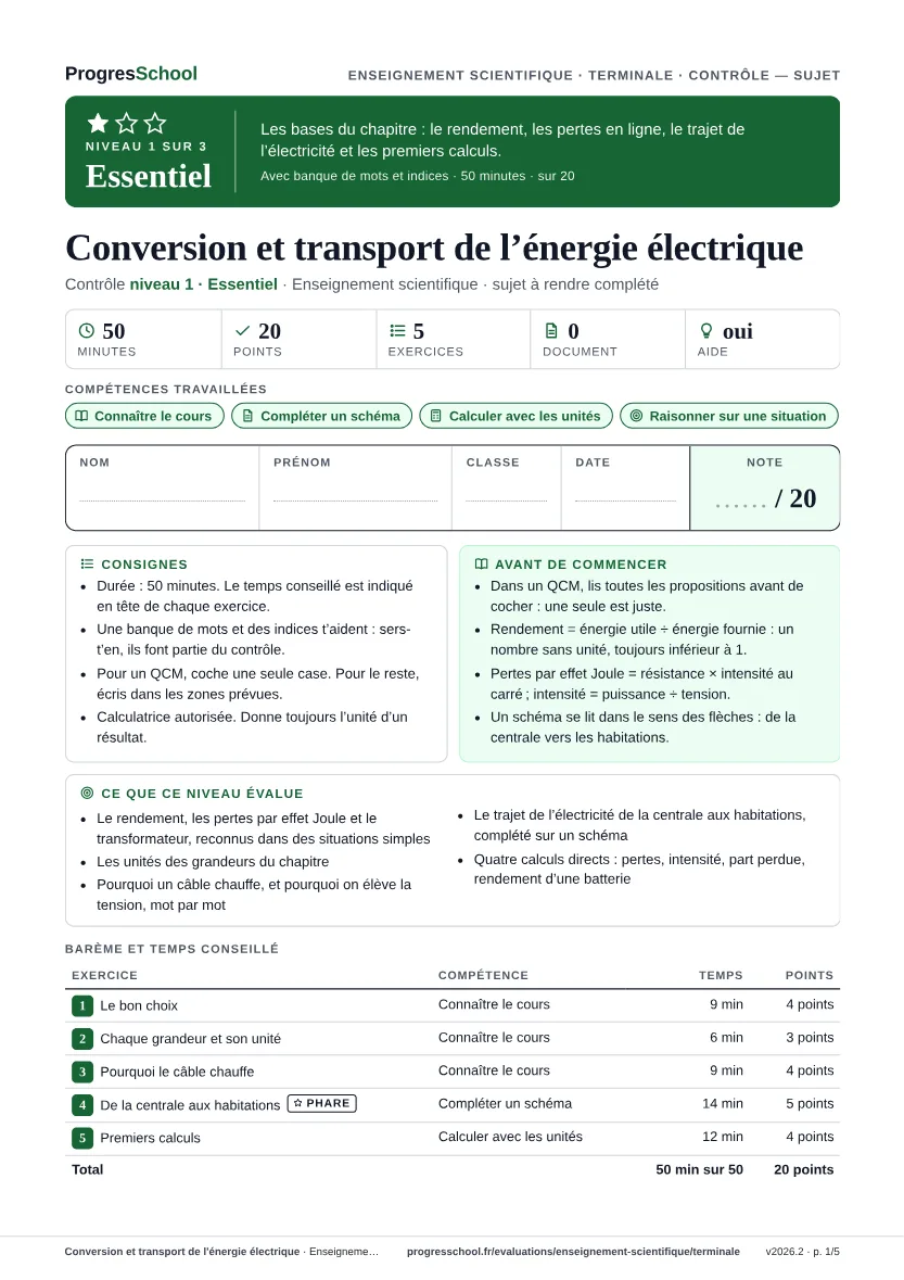 Première page du sujet : Conversion et transport de l'énergie électrique, contrôle Essentiel