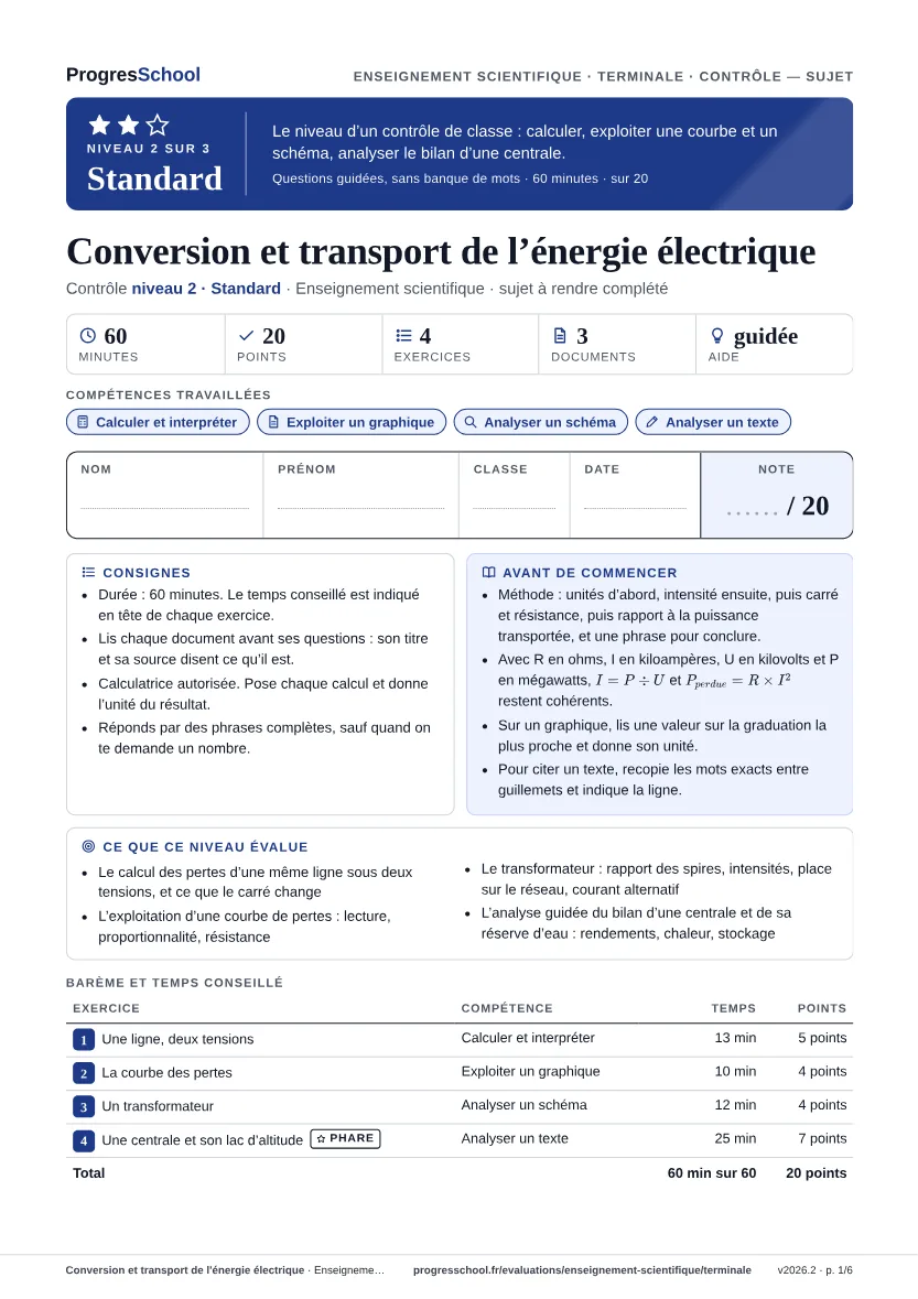 Première page du sujet : Conversion et transport de l'énergie électrique, contrôle Standard