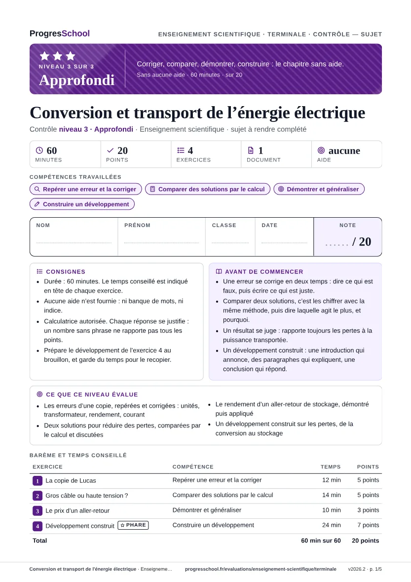 Première page du sujet : Conversion et transport de l'énergie électrique, contrôle Approfondi