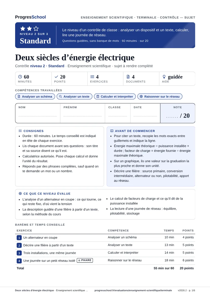 Première page du sujet : Deux siècles d'énergie électrique, contrôle Standard