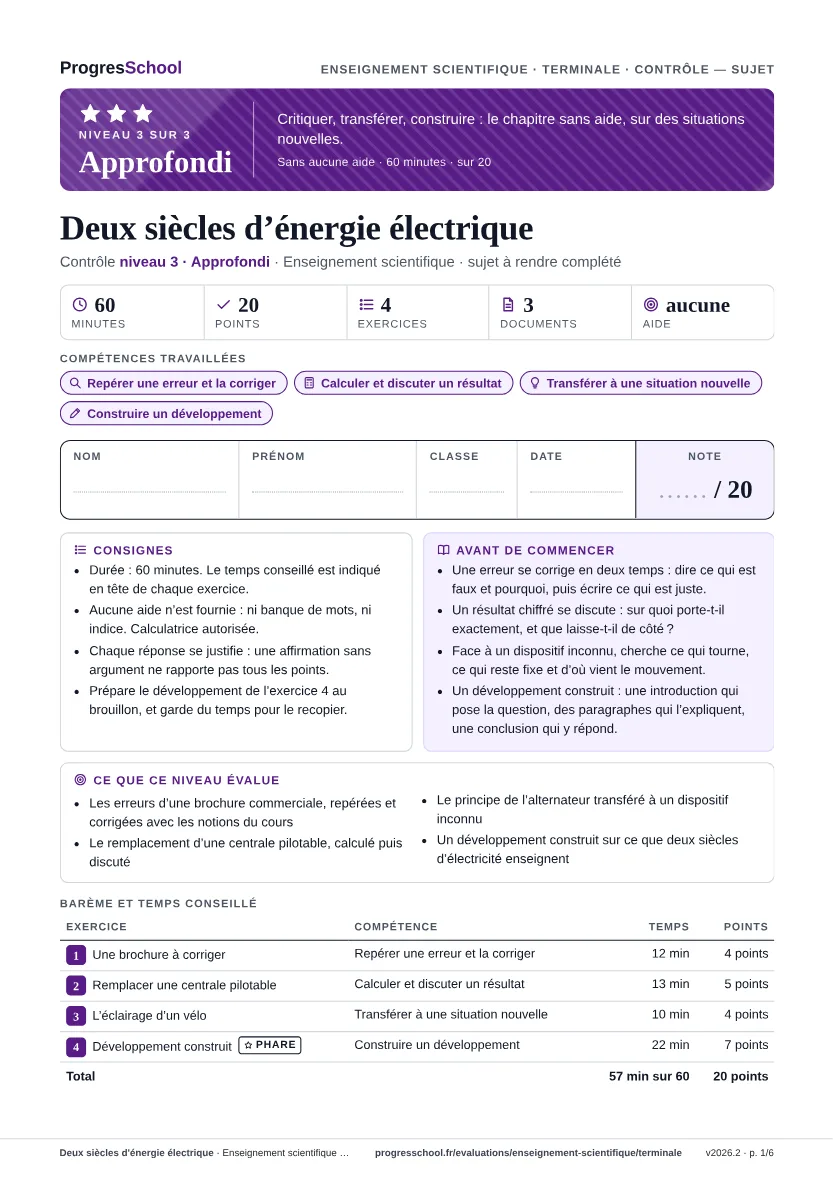 Première page du sujet : Deux siècles d'énergie électrique, contrôle Approfondi