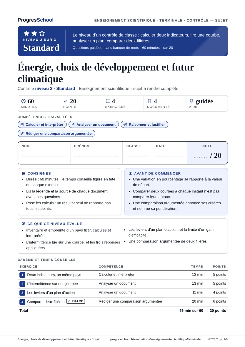 Première page du sujet : Énergie, choix de développement et futur climatique, contrôle Standard