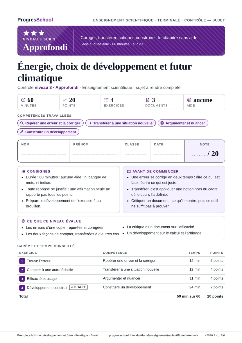 Première page du sujet : Énergie, choix de développement et futur climatique, contrôle Approfondi