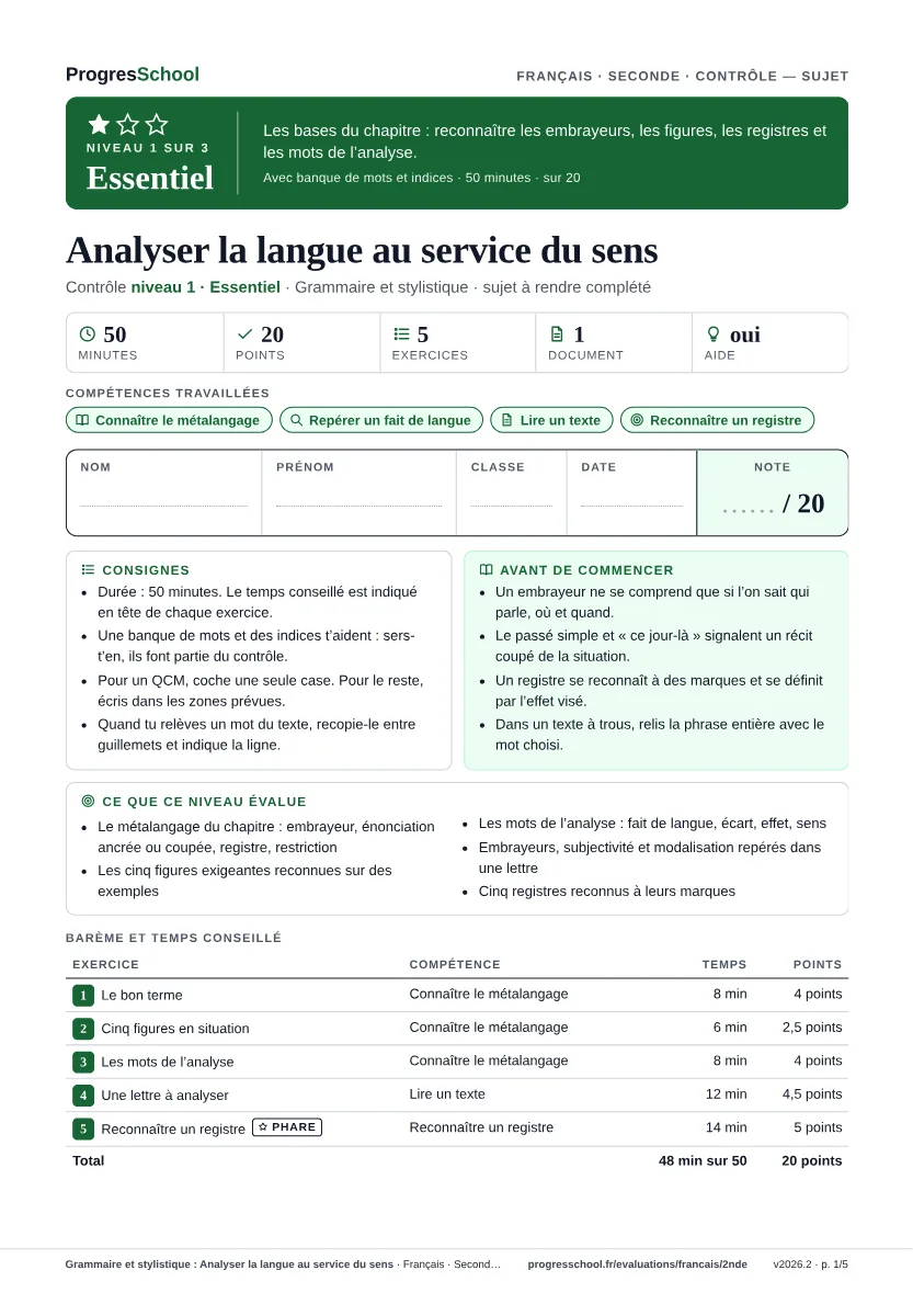 Première page du sujet : Grammaire et stylistique : Analyser la langue au service du sens, contrôle Essentiel