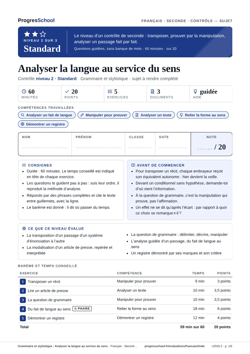 Première page du sujet : Grammaire et stylistique : Analyser la langue au service du sens, contrôle Standard