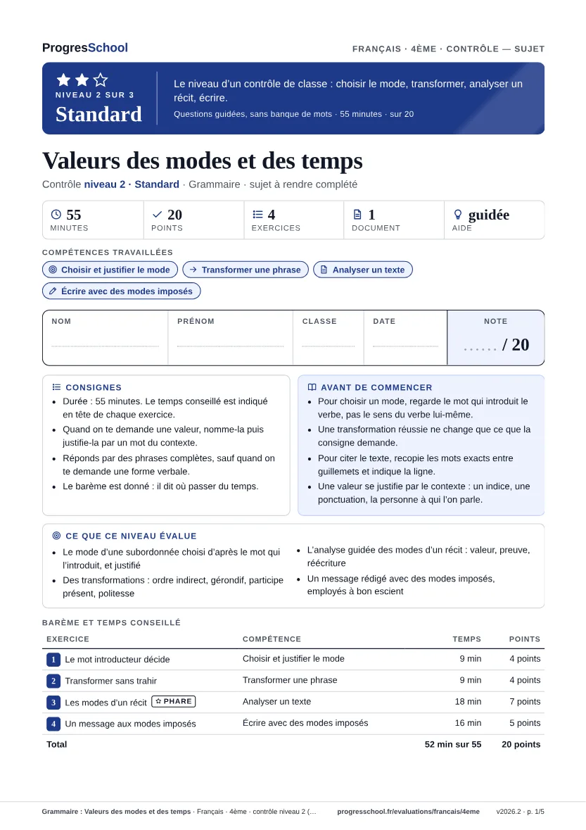 Première page du sujet : Grammaire : Valeurs des modes et des temps, contrôle Standard