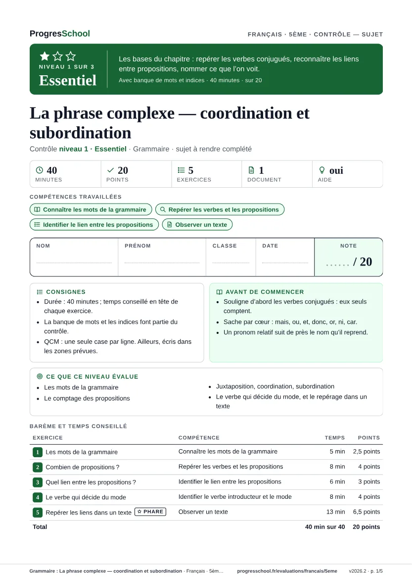 Première page du sujet : Grammaire : La phrase complexe — coordination et subordination, contrôle Essentiel