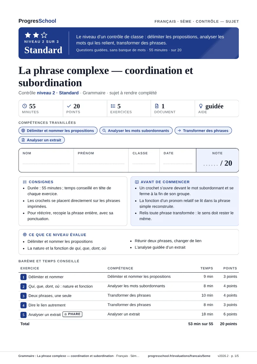 Première page du sujet : Grammaire : La phrase complexe — coordination et subordination, contrôle Standard