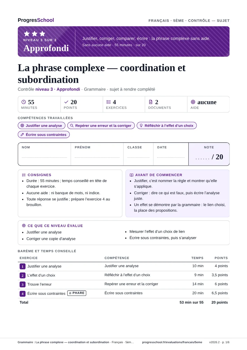 Première page du sujet : Grammaire : La phrase complexe — coordination et subordination, contrôle Approfondi