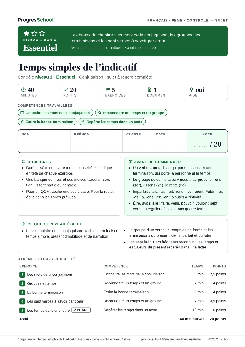 Première page du sujet : Conjugaison : Temps simples de l'indicatif, contrôle Essentiel