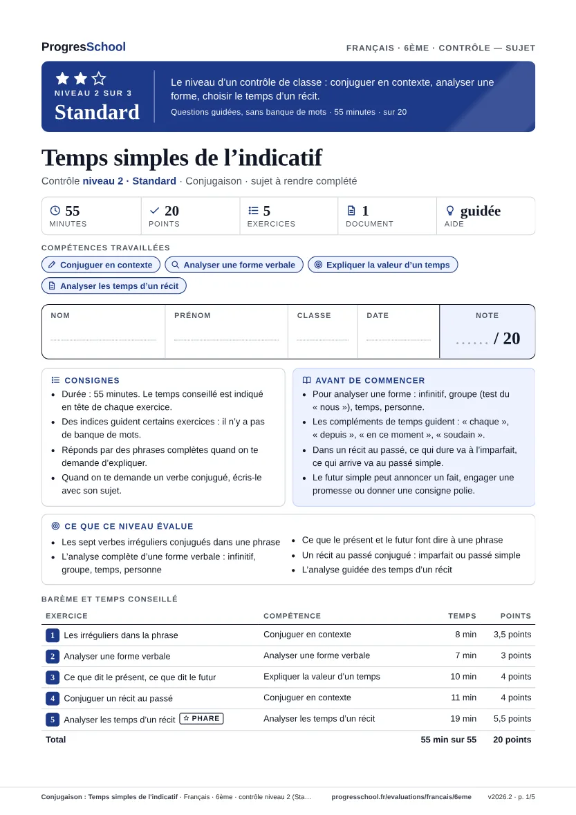 Première page du sujet : Conjugaison : Temps simples de l'indicatif, contrôle Standard