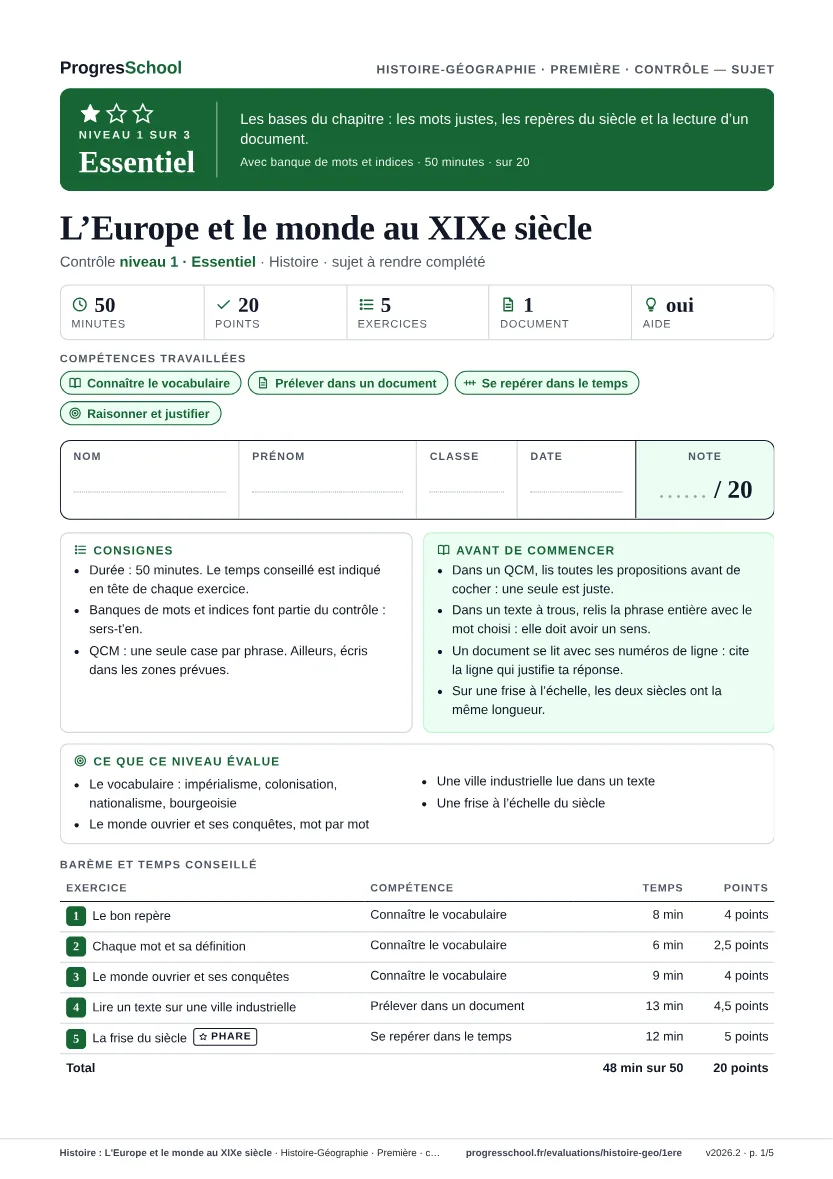 Première page du sujet : Histoire : L'Europe et le monde au XIXe siècle, contrôle Essentiel