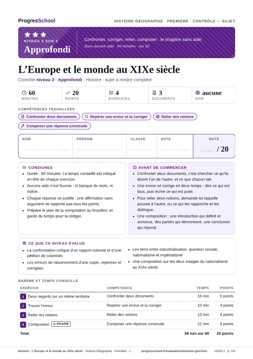 Première page du sujet : Histoire : L'Europe et le monde au XIXe siècle, contrôle Approfondi