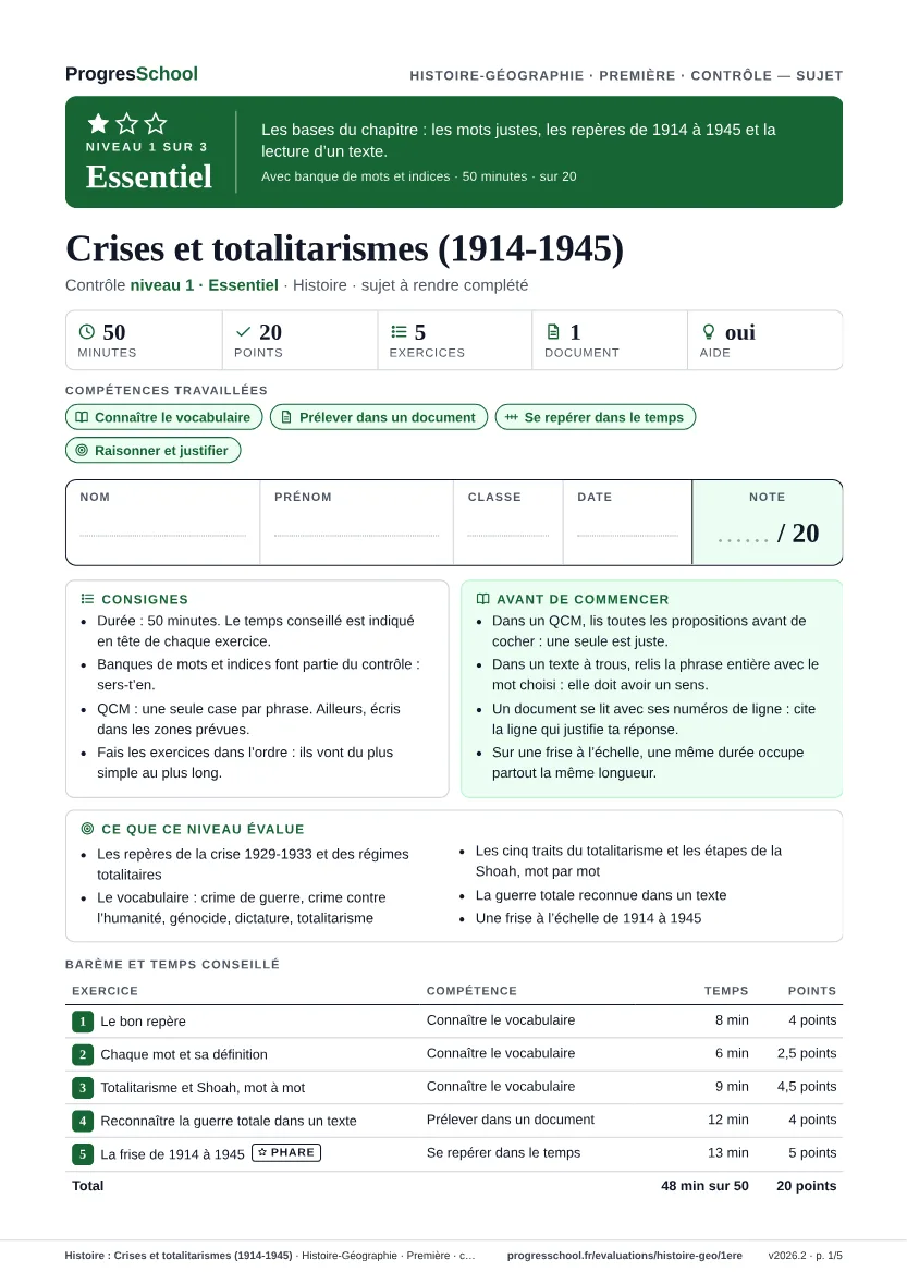 Première page du sujet : Histoire : Crises et totalitarismes (1914-1945), contrôle Essentiel