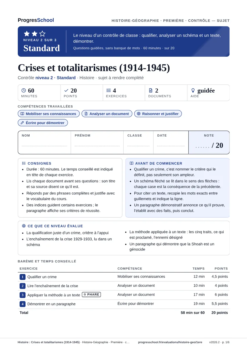 Première page du sujet : Histoire : Crises et totalitarismes (1914-1945), contrôle Standard