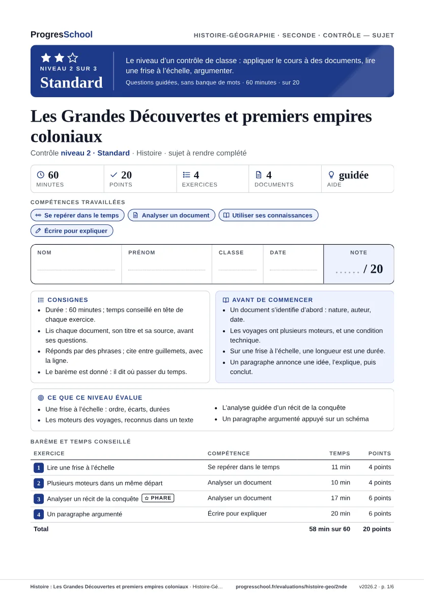 Première page du sujet : Histoire : Les Grandes Découvertes et premiers empires coloniaux, contrôle Standard