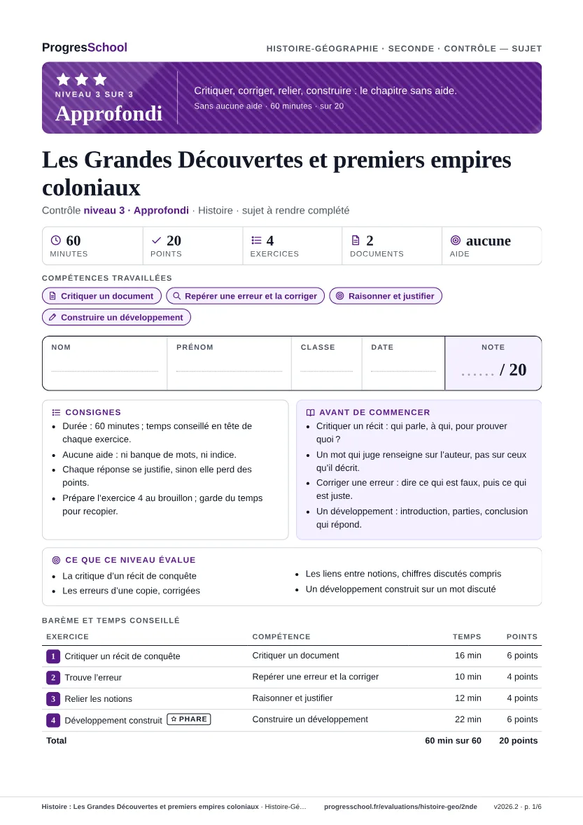 Première page du sujet : Histoire : Les Grandes Découvertes et premiers empires coloniaux, contrôle Approfondi