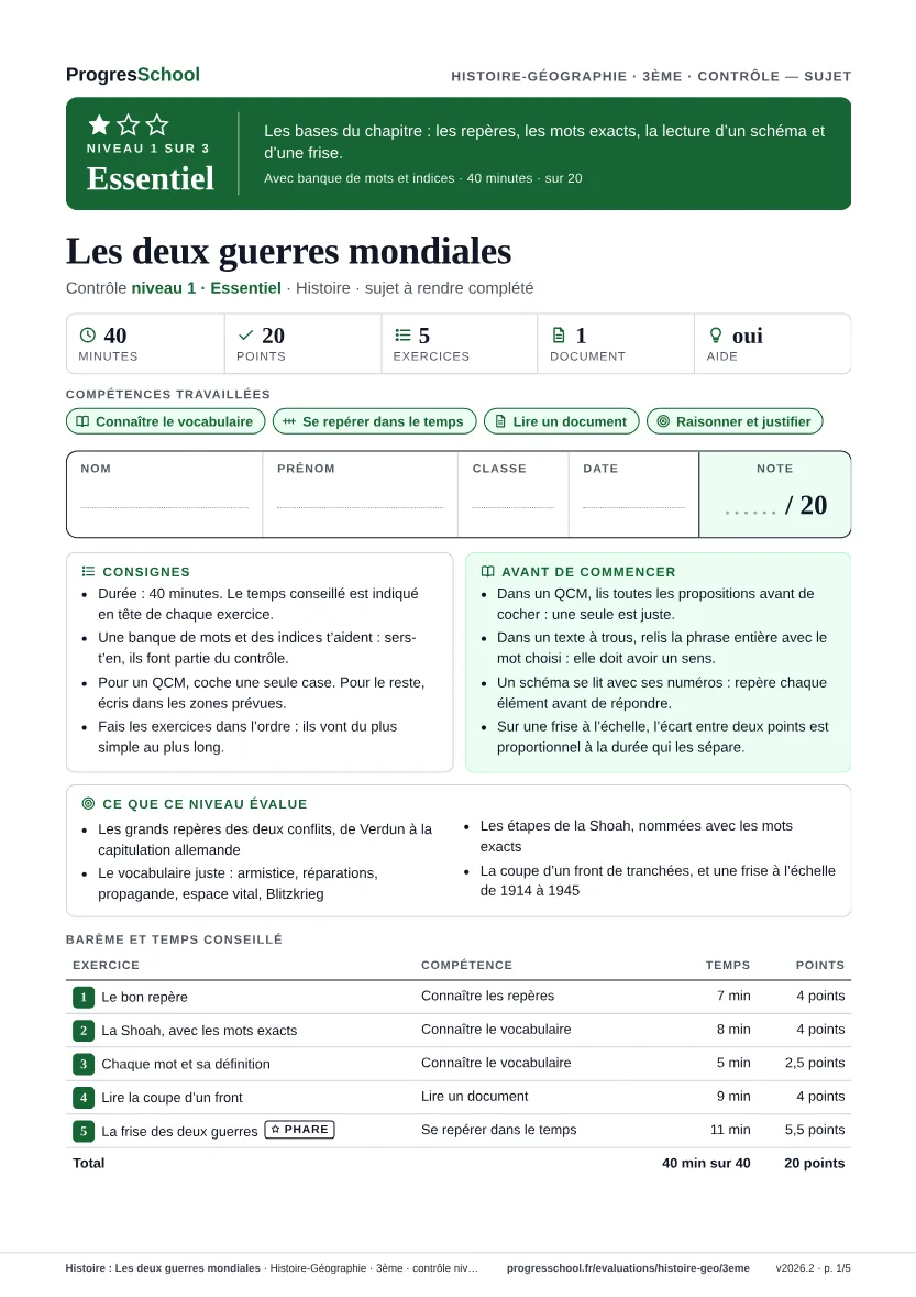 Première page du sujet : Histoire : Les deux guerres mondiales, contrôle Essentiel