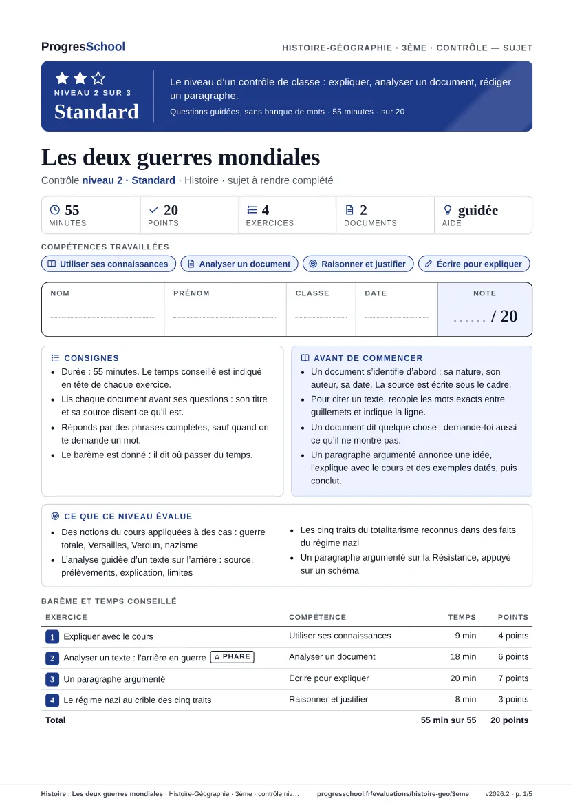 Première page du sujet : Histoire : Les deux guerres mondiales, contrôle Standard