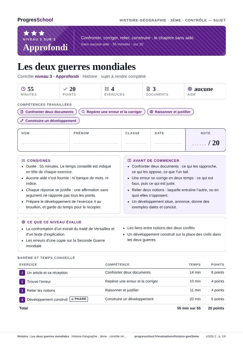 Première page du sujet : Histoire : Les deux guerres mondiales, contrôle Approfondi
