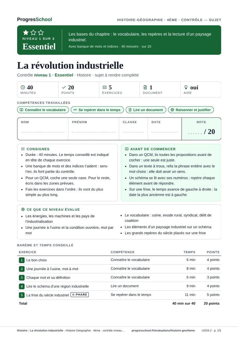 Première page du sujet : Histoire : La révolution industrielle, contrôle Essentiel