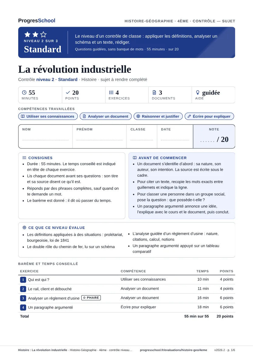Première page du sujet : Histoire : La révolution industrielle, contrôle Standard