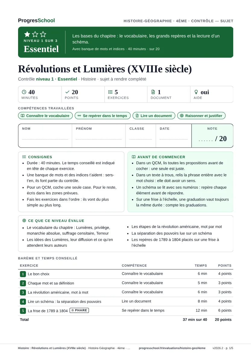 Première page du sujet : Histoire : Révolutions et Lumières (XVIIIe siècle), contrôle Essentiel