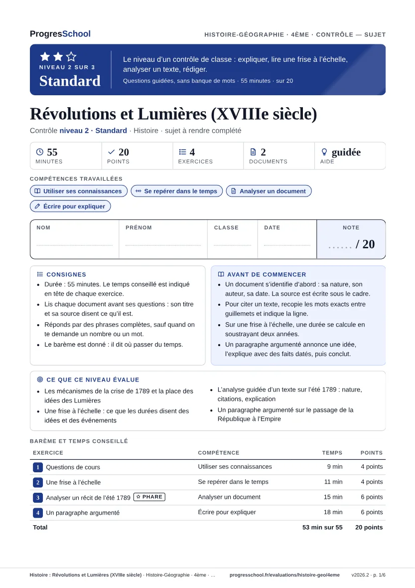 Première page du sujet : Histoire : Révolutions et Lumières (XVIIIe siècle), contrôle Standard