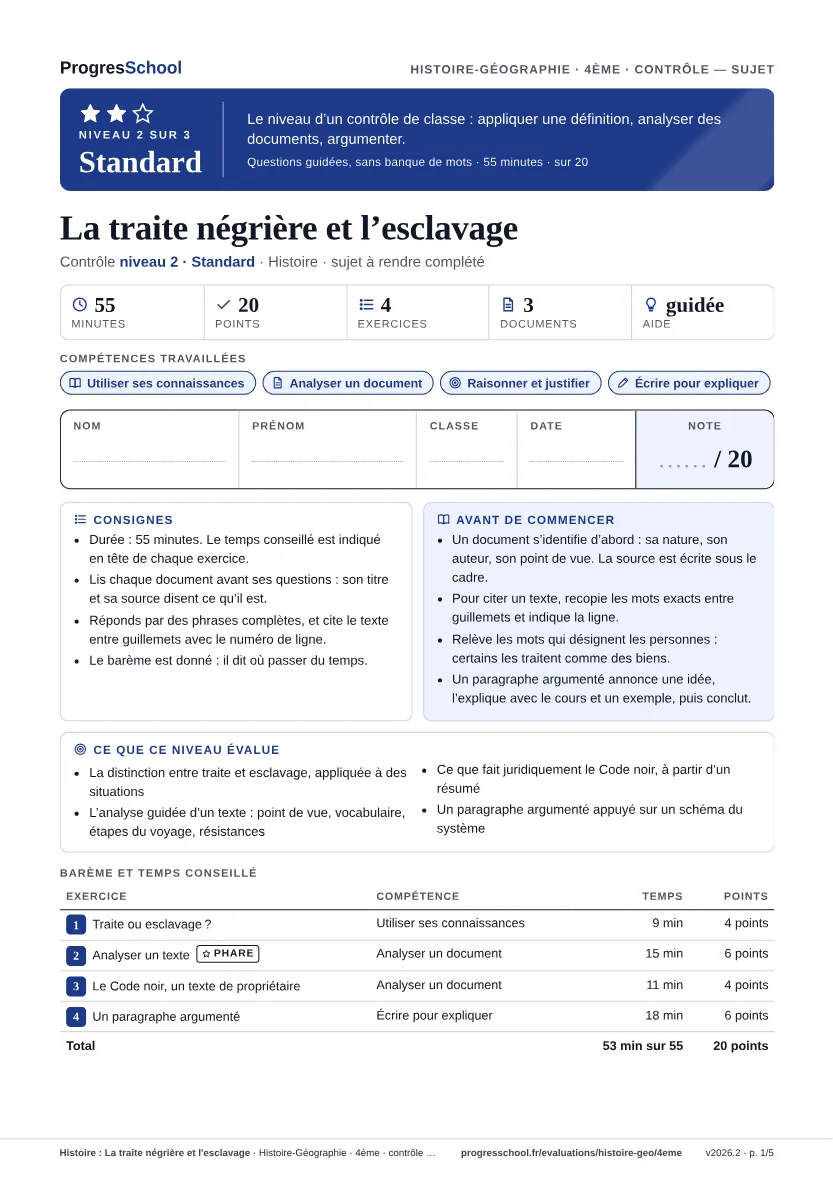 Première page du sujet : Histoire : La traite négrière et l'esclavage, contrôle Standard