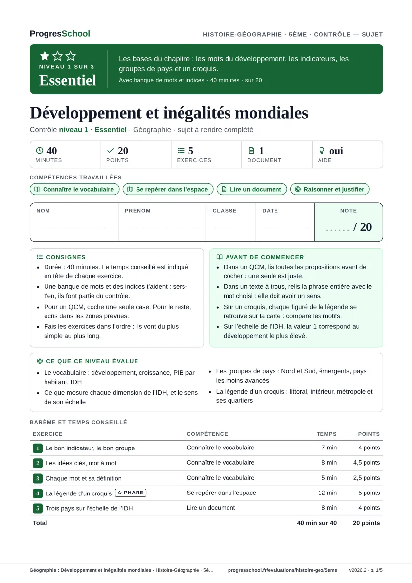Première page du sujet : Géographie : Développement et inégalités mondiales, contrôle Essentiel