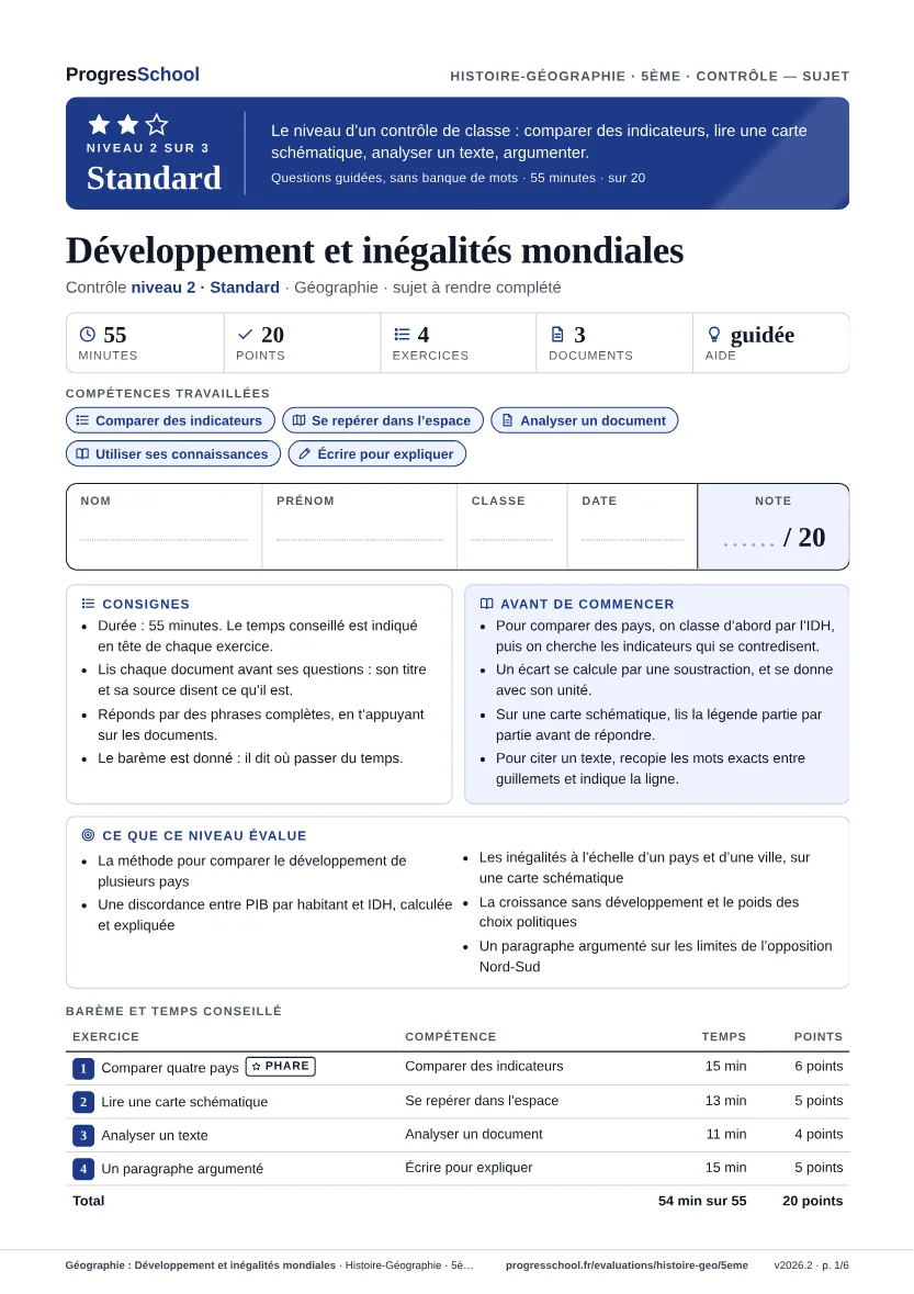 Première page du sujet : Géographie : Développement et inégalités mondiales, contrôle Standard