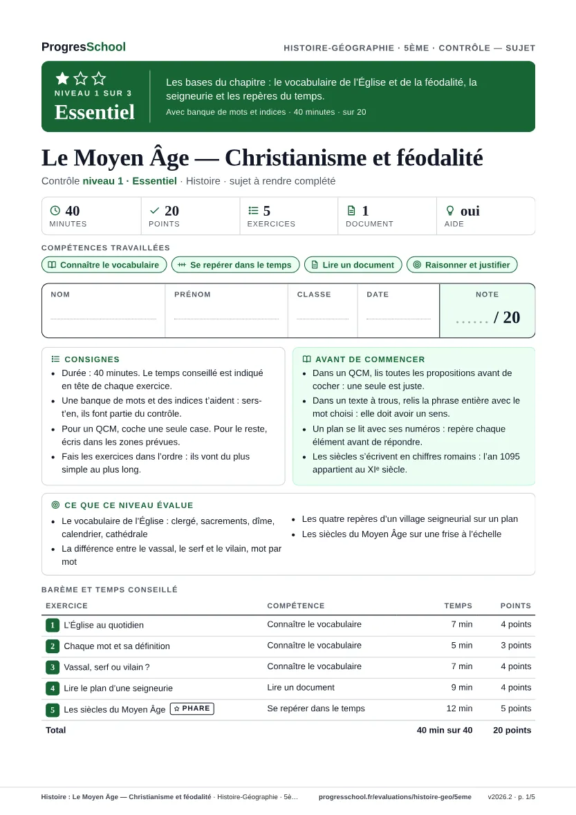 Première page du sujet : Histoire : Le Moyen Âge — Christianisme et féodalité, contrôle Essentiel