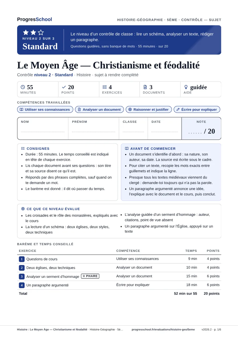 Première page du sujet : Histoire : Le Moyen Âge — Christianisme et féodalité, contrôle Standard