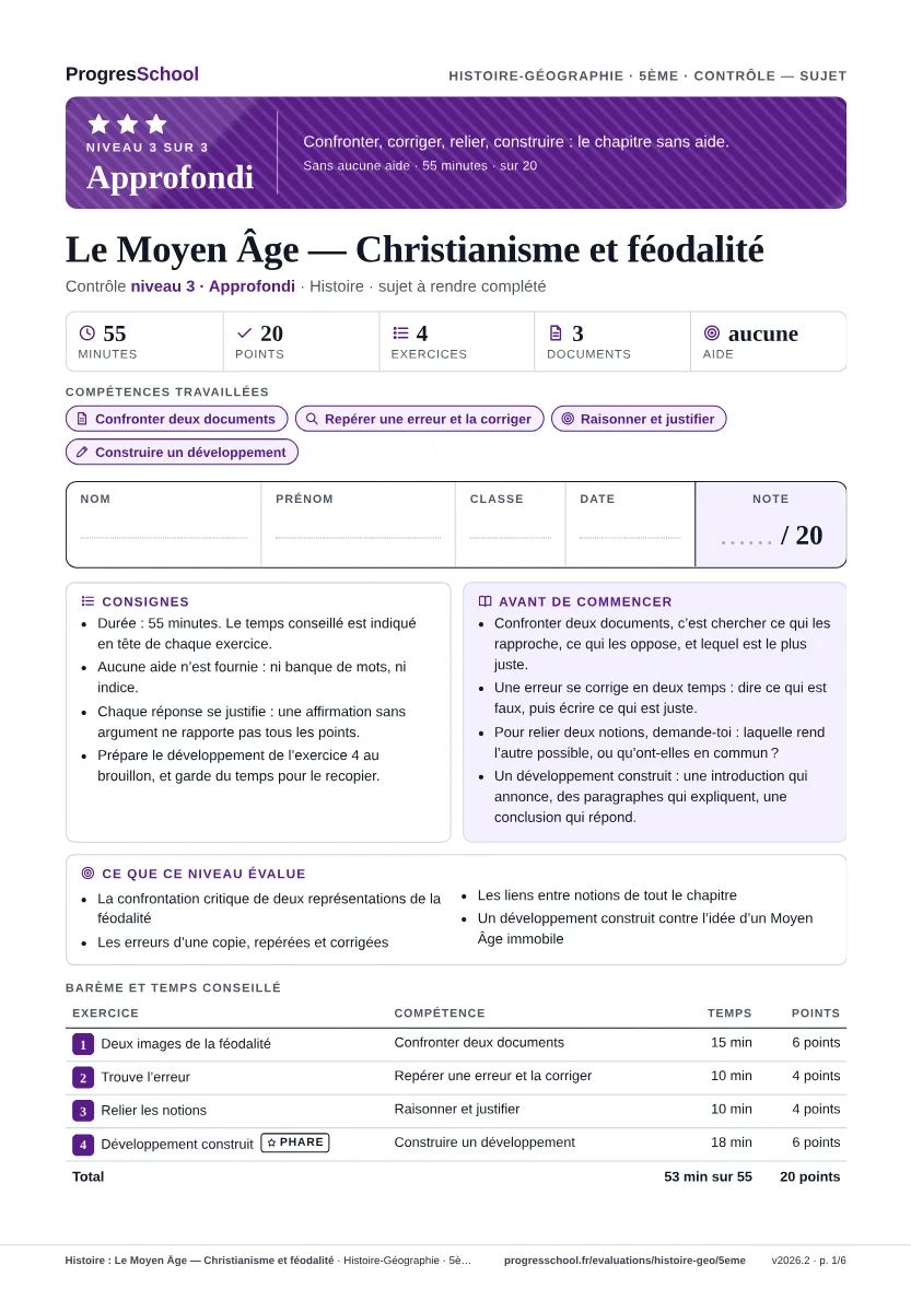 Première page du sujet : Histoire : Le Moyen Âge — Christianisme et féodalité, contrôle Approfondi