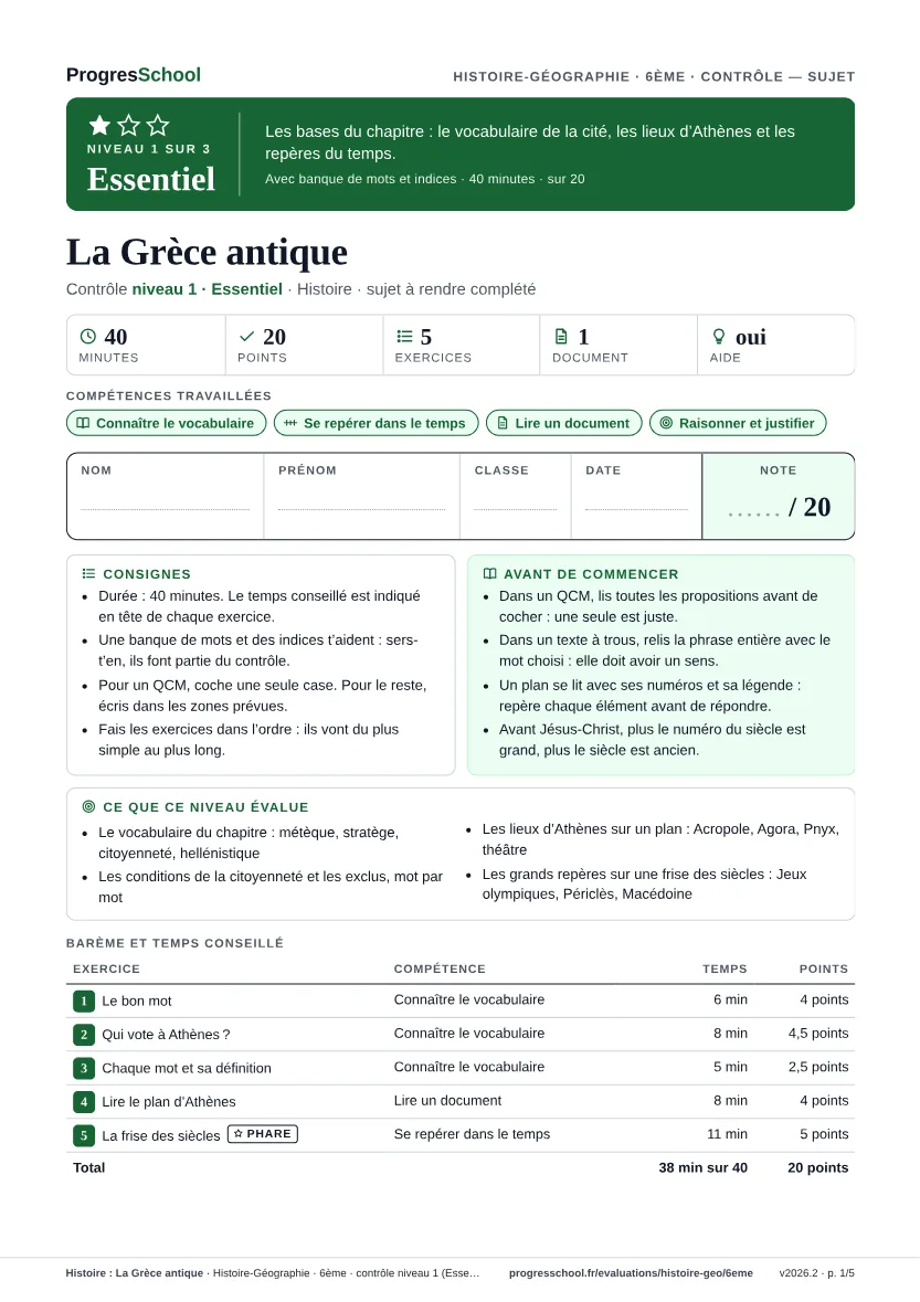 Première page du sujet : Histoire : La Grèce antique, contrôle Essentiel