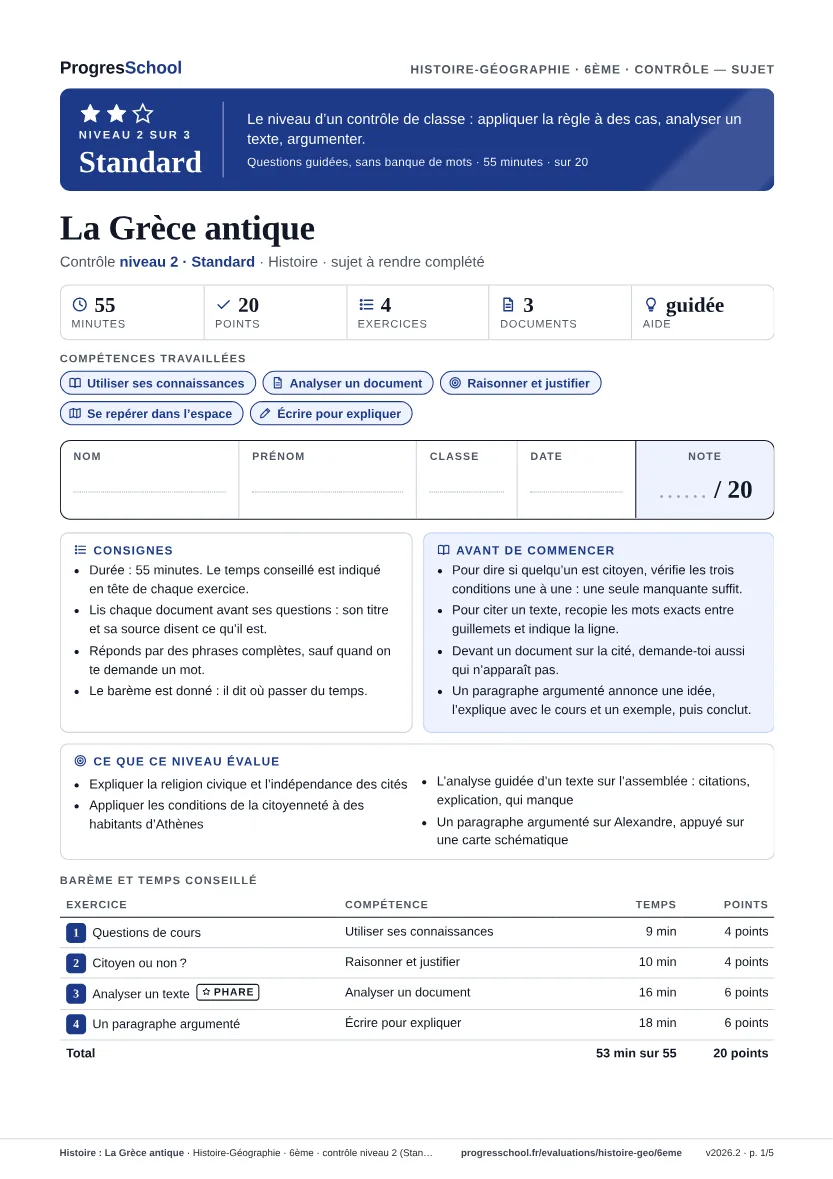 Première page du sujet : Histoire : La Grèce antique, contrôle Standard