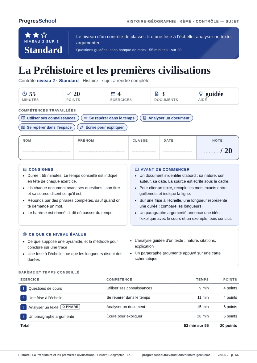 Première page du sujet : Histoire : La Préhistoire et les premières civilisations, contrôle Standard