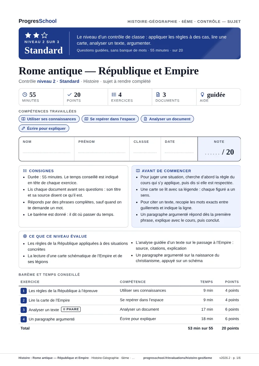 Première page du sujet : Histoire : Rome antique — République et Empire, contrôle Standard