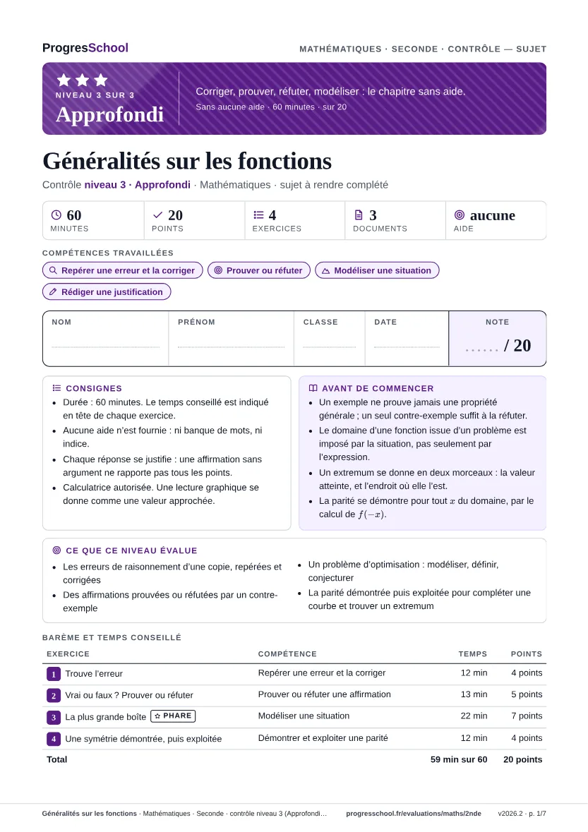 Première page du sujet : Généralités sur les fonctions, contrôle Approfondi
